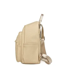 Detailed side view of a beige minimalist textured backpack for daily travel and school use.