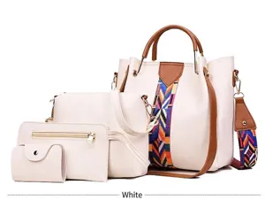 Elegant 4-piece retro fashion women's handbag set in white leather with colorful straps