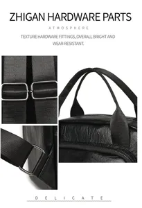 Gros plan sur la quincaillerie de sac en cuir PU noir, boucles métalliques et sangles.