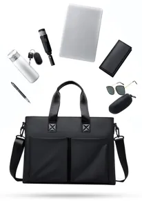 Men's business briefcase detail showing large capacity, durable fabric, and multiple pockets.