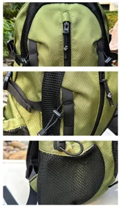 Close-up details of green hiking backpack showing fabric texture and zippers