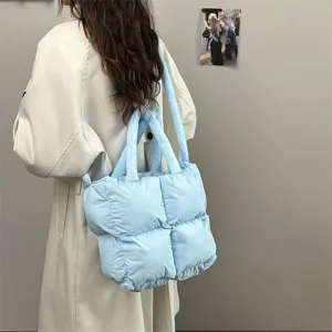 Light blue quilted puffer tote bag for women, large capacity winter shoulder bag