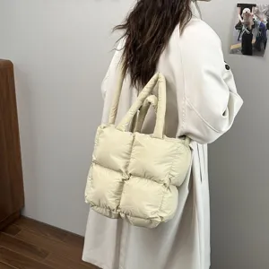 Stylish cream white padded puffer tote bag for women, large capacity winter shoulder bag.