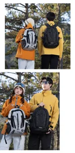 Close-up views of professional hiking backpacks being worn by models in outdoor setting