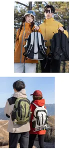 Couple wearing lightweight hiking backpacks during outdoor mountaineering in the mountains