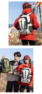Asian models showcasing white and olive green outdoor hiking backpacks in nature.