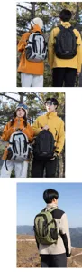 Professional outdoor hiking backpacks displayed by models in a scenic forest mountain setting