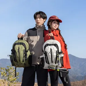 Durable outdoor hiking backpacks shown in a scenic mountain landscape with two models