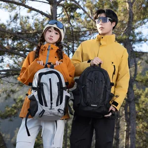 Outdoor hiking backpacks shown with models in a forest setting for travel and trekking