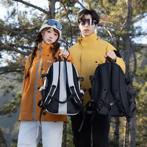 Detail of ergonomic back support system on grey and black outdoor hiking backpacks