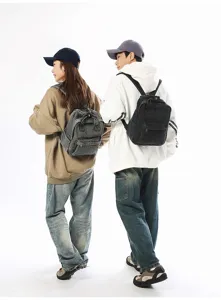 Retro washed denim backpacks for students, stylish grey and black casual travel bags