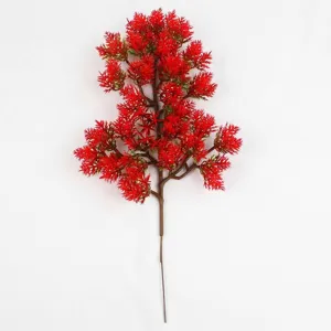 Red artificial pine branch sprig for home floral arrangement and DIY bonsai decor.