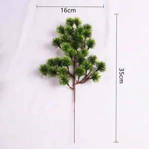Artificial pine branch detail showing 16cm width and 35cm height dimensions for decor.