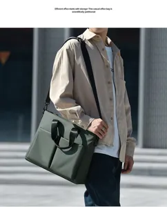 Detailed view of the casual office briefcase with functional compartments and dual front pockets.