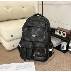 Casual black camouflage student backpack with large capacity and multi pockets daily commute.