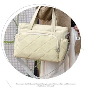 Women large capacity quilted tote bag casual travel shoulder bag mommy bag stylish cream
