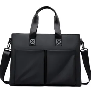 Classic black men business briefcase laptop bag with dual pockets and shoulder strap.