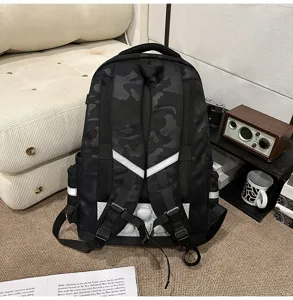 Stylish black camouflage backpack with large capacity, perfect for daily commuting and school use.