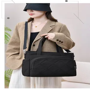 Casual black quilted tote bag, large capacity travel diaper bag, stylish women handbag