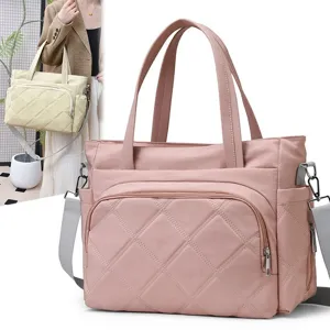 Women Large Capacity Solid Color Quilted Tote Bag Versatile Casual Travel Diaper Bag Nylon Fashion Shoulder Bag