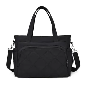 Black quilted large capacity tote bag casual shoulder mommy bag for women travel