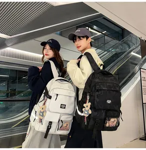 Casual large capacity student backpack stylish campus school bag with multi pockets and bear charm