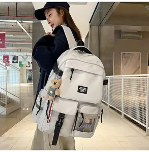 Casual large capacity student backpack stylish commuter school bag with cute bear pendant