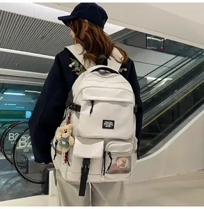Detail view of stylish multi-pocket casual campus backpack with cute bear pendant and large capacity.