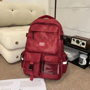 Red camouflage large capacity backpack, casual student schoolbag for daily commute.
