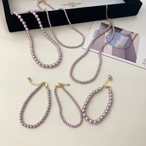 Minimalist Artificial Pearl Necklace Purple White Elegant Clavicle Chain Necklace Bracelet For Women Luxury Commuting Jewelry Accessories