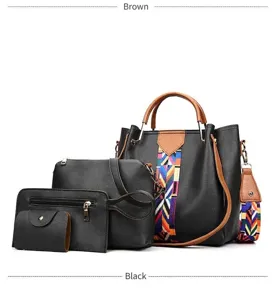 Stylish retro 4-piece fashion handbag set for women with colorful geometric straps