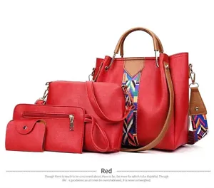 Elegant 4-piece red handbag set for women including a retro tote, crossbody bag, and clutch