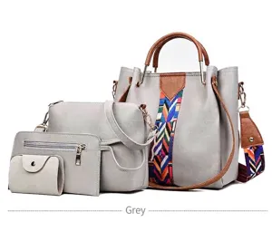 Elegant 4-piece grey women's handbag set featuring a stylish ethnic woven shoulder strap