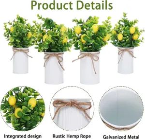 Detalle de plantas de limón artificiales en macetas blancas galvanizadas con cuerda.