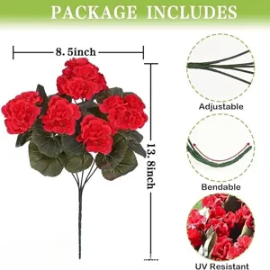 Artificial red geranium bush for home decor, 13.8-inch adjustable stem
