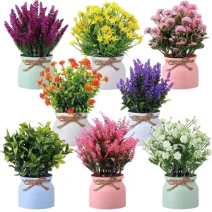 Set of 8 artificial potted plants with colorful flowers and decorative pots for home