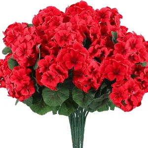 Realistic artificial red geranium bush with green leaves for home and garden decor