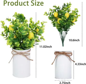 Especificaciones de tamaño para planta de limón artificial con maceta de metal blanco