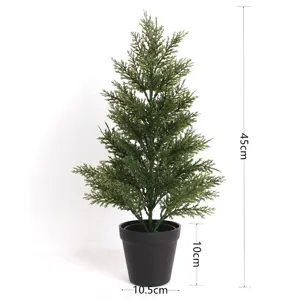 Detailed view of 45cm artificial cedar tree in black pot with clear size dimensions