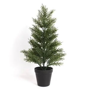 Full view of a 45cm artificial cedar tree in a black minimalist pot for indoor decor
