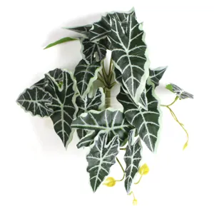 Detailed view of 3D printed artificial Alocasia leaves with realistic white veins