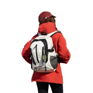 White outdoor hiking backpack for trekking with comfortable back support on a model