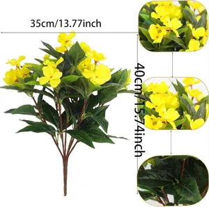 Artificial yellow impatiens flowers detail showing dimensions and petal texture