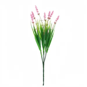 Detailed close-up of artificial lavender bouquet with vibrant pink flower spikes and green leaves.