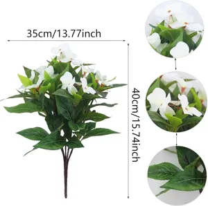 Detailed view of white artificial impatiens flowers with height and width measurements.