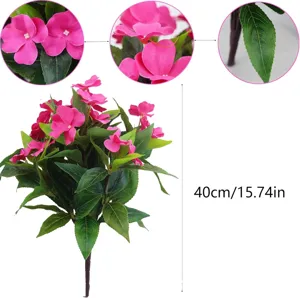 Detailed view of artificial pink impatiens showing 40cm height and petal texture.