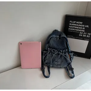 Sac à dos en denim vintage pour femmes, sac d'école décontracté quotidien avec cordon.