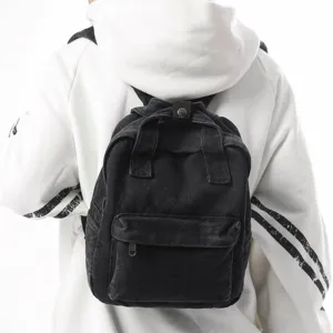 Retro black washed denim mini backpack for women, casual travel canvas school bag