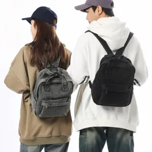 Mori style washed denim small backpack for women, retro casual canvas travel bags