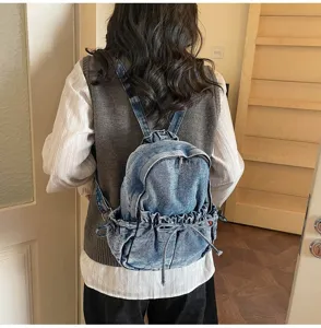 Vue arrière détaillée du sac à dos en jean élégant montrant sa texture et ses lanières.